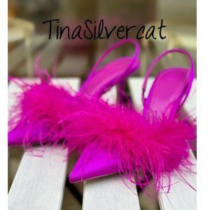 BLOGGER'S FAVE! Zara Feather Detail Slingback Heels Fuchsia NWT